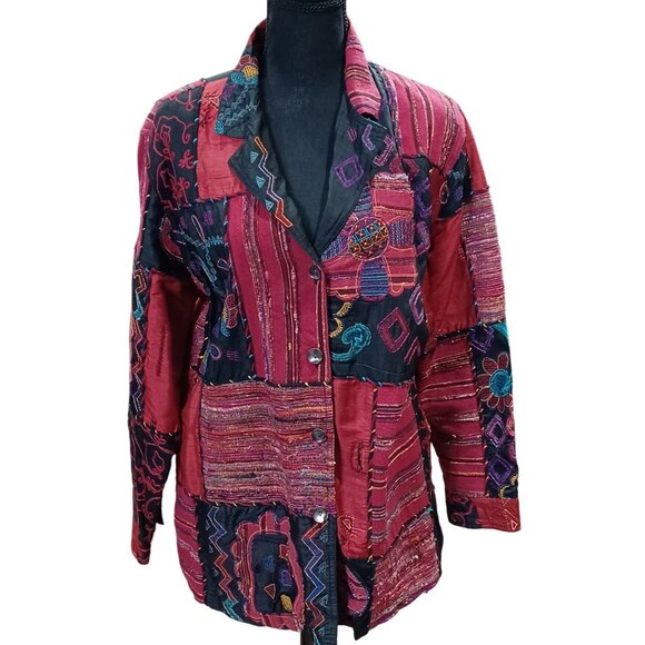 Chicos Design Vintage Womens Size 2 Embroidered Silk Patchwork Jacket Red Black - Picture 1 of 8